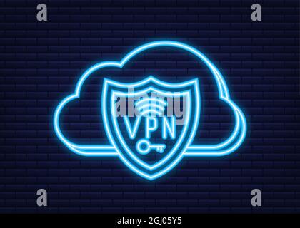 Secure VPN connection concept. Virtual private network connectivity overview. Neon style. Vector stock illustration. Stock Vector