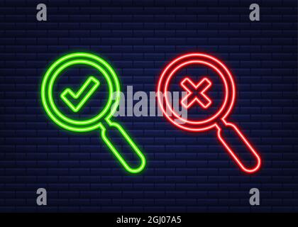 Magnifying glass and a tick and cross icons. Neon icon. Yes and No sign. Vector stock illustration. Stock Vector