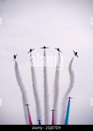 Red Arrows flying display team in action Stock Photo