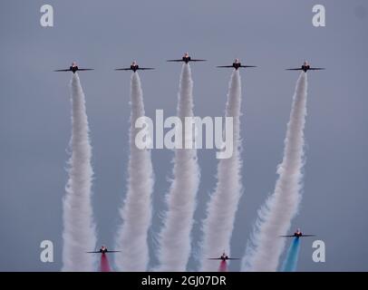 Red Arrows display team performing  at 2021 Bournemouth Air Show Stock Photo