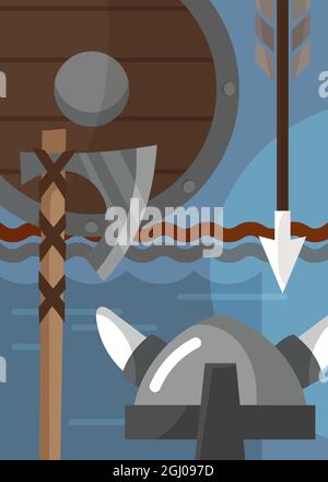 Viking poster with armor and weapons. Scandinavian placard design in cartoon style. Stock Vector