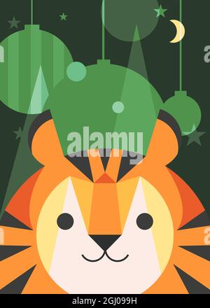 Poster with tiger and Christmas decorations. Holiday postcard design in flat style. Stock Vector