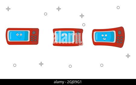 Funny emotional microwave. Cartoon character of kitchen appliances. A cheerful and tired household appliance. Vector illustration isolated on white ba Stock Vector