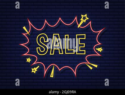 Comic speech bubbles with text Sale. Neon icon. Symbol, sticker tag, special offer label, advertising badge. Vector stock illustration. Stock Vector