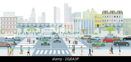 Big city with public transport, pedestrians and road traffic ...