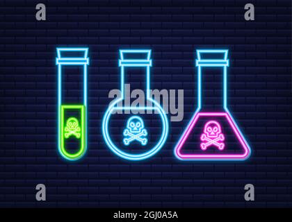 Bottle of magic acid toxic poison with skull. Neon icon. Vector stock illustration. Stock Vector