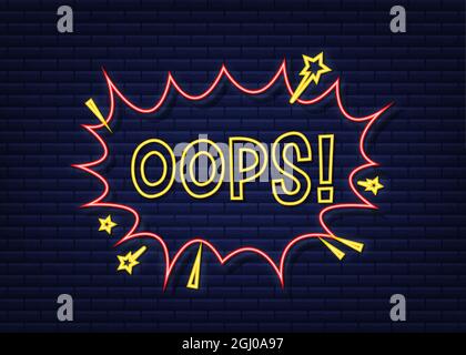 Comic speech bubbles with text oops. Neon icon. Symbol, sticker tag, special offer label, advertising badge. Vector stock illustration. Stock Vector