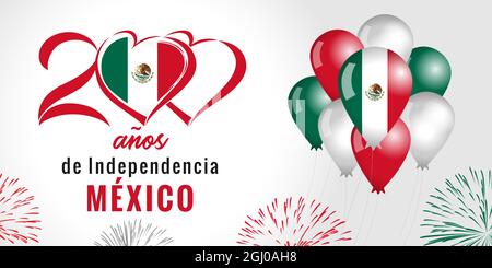 200 anos de Independencia Mexico, heart emblem, balloons and fireworks. Spanish text - 200 years of Independence MEXICO. Mexican War of Independence Stock Vector