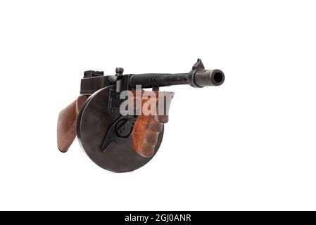 Thompson submachine gun full scale model isolated on white background. Copy space. Stock Photo