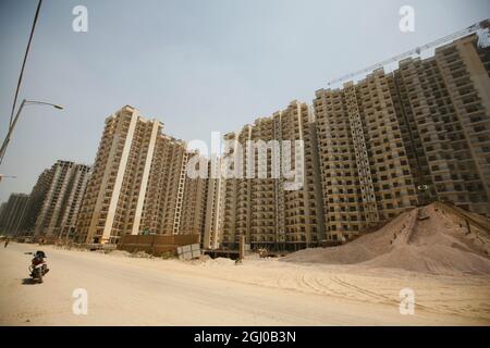 A view of a construction site of residential apartment in Greater Noida Delhi NCR, India. Stock Photo