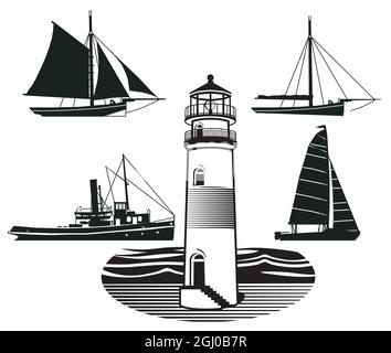 Lighthouse with ships and sailing ships isolated on white, illustration Stock Vector