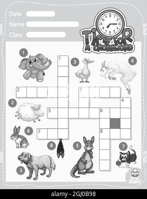 Crossword puzzle game template about animals illustration Stock Vector