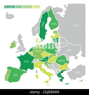 Simplified map of EU, European Union. Rounded shapes of states with smoothed border. Green simple flat vector map. Stock Vector