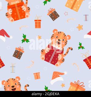 Seamless pattern with Christmas tiger. Cute animal with a big gift on a light blue background with Santa hat, mistletoe and gingerbread, gift boxes an Stock Vector