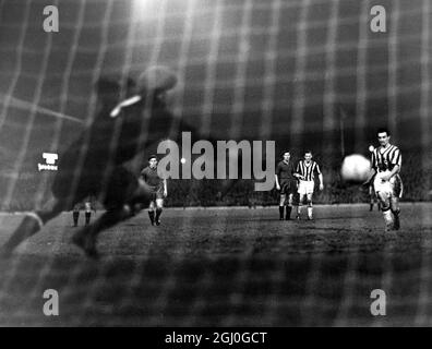 West Bromwich Albion v Soviet Army After leading 6-3 at half-time, WBA ran out 6-5 winners over the Red Army at the Hawthorns. Allen scores the fourth goal for WBA from the penalty spot. 30th October 1957 Stock Photo