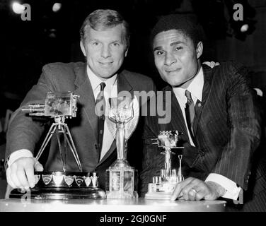 1966 Sports Personality of the Year. Two top international footballers win the BBC TV sports personality of the year. England captain, Booby Moore (on left) and Portugal's, Eusebio, received awards at the ceremony. 16th December 1966 Stock Photo