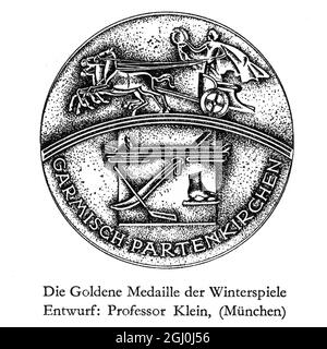 The gold medal for the Winter Olympics at Garmisch Partenkirchen, Germany. Design: Professor Klein (Munich) On the obverse, in the upper half, an ancient chariot pulled by three horses, driving on a triumphal arch composed of four rays. A Goddess of Victory sits on the chariot holding a laurel crown. In the bottom half, in front of a picture, an illustration of winter sports equipment with some examples. Around, there is the inscription GARMISCH-PARTENKIRCHEN. On the reverse, which is deliberately simple, the Olympic rings and the inscription IV OLYMPISCHE WINTERSPIELE 1936. ©TopFoto Stock Photo
