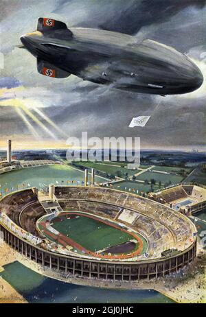 1936 Olympics, Berlin - Hindenburg - The magnificent Airship Hindenburg flew low over the Olympic stadium trailing the Olympic flag with its five rings representing the five participating continents during the XI summer olympics in Berlin 1936. (Das Luftschiff ''Hindenburg'' uber dem Reichssportfeld am Tage er Eroffnung der Spiele der XI Olympiade, Berlin 1936) ©TopFoto Stock Photo