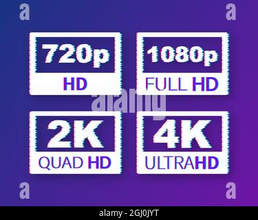 Video dimension labels. Video resolution 720, 1080, 2k, 4k, badges. Glitch icon. Vector stock illustration. Stock Vector