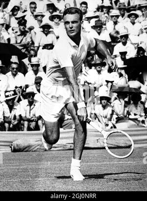 American Victor Seixas runs wide to hit a backhand volley against his Belgium opponent Jacques Brichant , during the first day's play in the Davis Cup Challenge Round match which the Belgian won , Brisbane , Queensland , Australia 22 December 1953 Stock Photo
