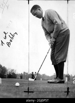 Bobby Jones as he putted during the 2nd day's match at the Masters Invitational golf tournament at Augusta National golf club. 23 March 1934 Stock Photo