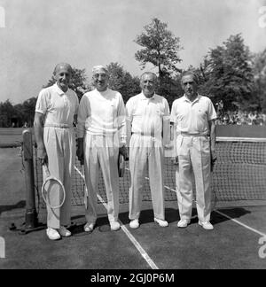 Davis Cup Winners reunion , Lys, Chantilly , near Paris : Four French tennis players are reunited 18 June 1967 , 40 years after they won the Davis Cup in Philadelphia in 1927 . Seen here before playing an exhibition doubles match , they are left to right Henri Cochet , Jacques Brugnon , Rene Lacoste and Jean Borotra . Stock Photo