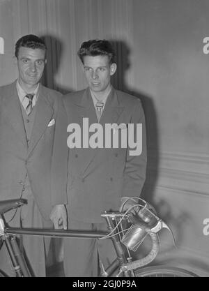 Two of the six British cyclists who will leave for Warsaw to compete in the Warsaw to Berlin - Prague Cycle Race , 1952 . The race will last from 30 April to 13 May . Ian Steel of Glasgow , is seen left with Ian Greenfield , who comes from Edinburgh . 24 April 1952 Stock Photo