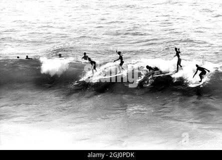 Surfing in the 1960s in California , USA Huntington Beach Stock Photo