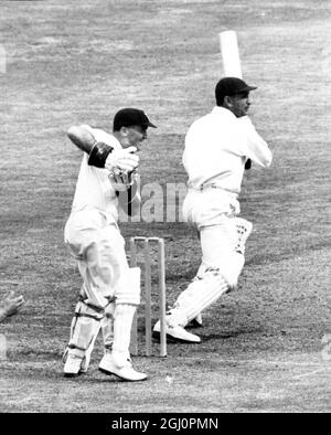 England v India Polly Umrigar pulls one from Tommy Greenhough to boundary on the second day of the first test at Trent Bridge 5 June 1959 Stock Photo