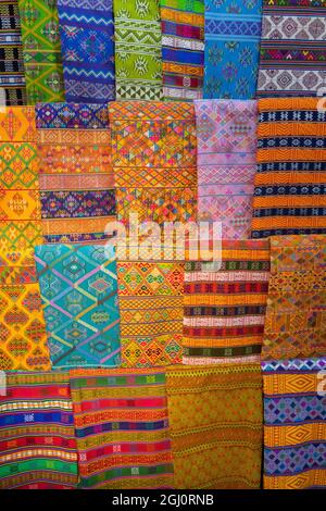 Bhutan, Thimphu. Traditional colorful and ornate hand woven textiles. Stock Photo