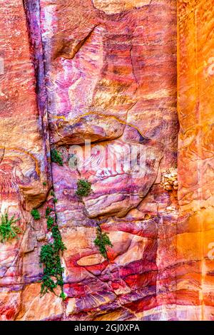 Red Rock Abstract Petra Jordan  Built by the Nabataens in 200 BC to 400 AD.  Rose Red canyon walls create many abstracts close up.  Inside the Tombs, Stock Photo