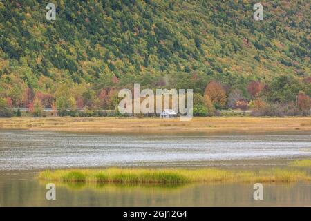 Canada, Nova Scotia, Cabot Trail. Ingonish Harbour, Cape Breton Highlands National Park autumn foliage. Stock Photo