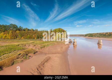 Canada, Nova Scotia, Green Oaks. Fundy Tidal Interpretive Area, elevated view of huge Bay of Fundy tides on the Shubenacadie River. Stock Photo
