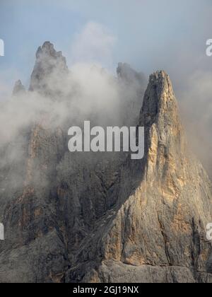 Peaks towering over Val Venegia seen from Passo Costazza. Pale di San Martino in the Dolomites of Trentino. Pala is part of the UNESCO World Heritage Stock Photo