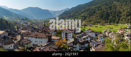 City view of Tonadico in the valley of Primiero in the Dolomites of Trentino, Italy. Stock Photo