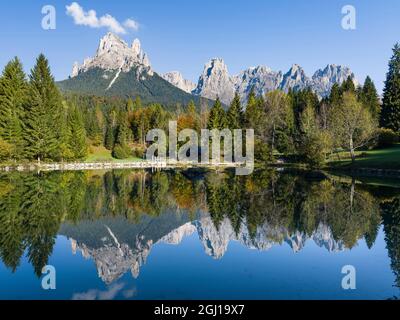 Lago Welsperg. Valle del Canali in the mountain range Pale di San Martino, part of UNESCO World Heritage Site, Dolomites, in the Dolomites of the Prim Stock Photo