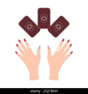 Hands with tarot cards. Magic symbols. Flat and cartoon style. For print design, tattoo, stickers. Vector illustration Stock Vector