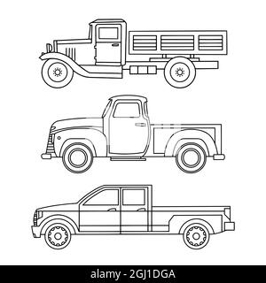 Set of linear icons of old trucks. Vector clipart Stock Vector