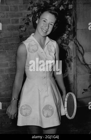 Maureen Connolly : 1934-1969 , American tennis player , Little Mo as she was known , seen wearing a Teddy Tinling waffle pique Princess line dress finished with woollen poodle detail on bodice and hem line , at the May Fair Hotel , London , England 18 June 1954 Stock Photo