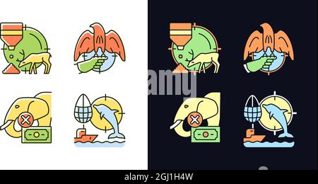 Illegal hunting light and dark theme RGB color icons set Stock Vector