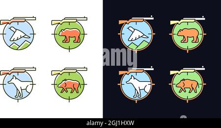 Big and small game hunting light and dark theme RGB color icons set Stock Vector