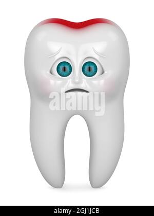 3D render of cartoon Mr Tooth feeling pain over white background. Pediatric dentistry concept. Stock Photo