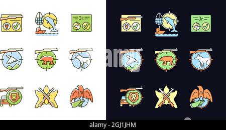 Wild animals hunting light and dark theme RGB color icons set Stock Vector