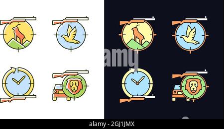 Hunting types light and dark theme RGB color icons set Stock Vector