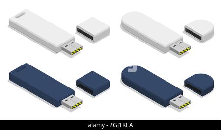 Isometric USB flash drive, USB memory card. Storage of information on removable media. Realistic 3D vector isolated on white background Stock Vector