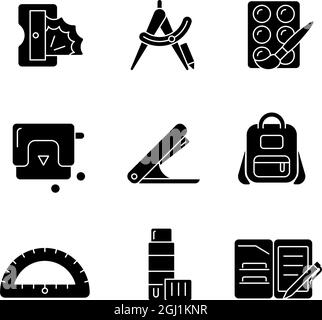 Back to school shopping black glyph icons set on white space Stock Vector