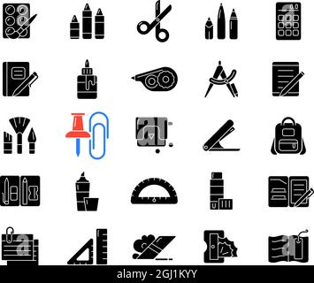 School supplies black glyph icons set on white space Stock Vector