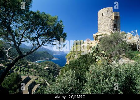 Torre del Verger lookout tower and north coast scenery, near Banyalbufar, Mallorca, Balearic Islands, Spain, Europe Stock Photo