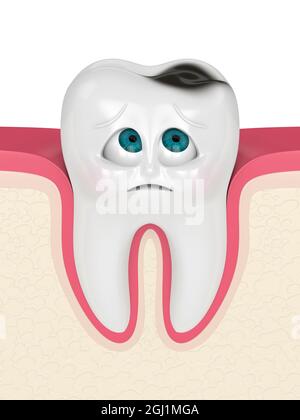 3D render of cartoon Mr Tooth in gums looking at cavity.  Pediatric dentistry problems concept. Stock Photo