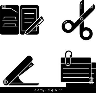 Office stationery supplies black glyph icons set on white space Stock Vector